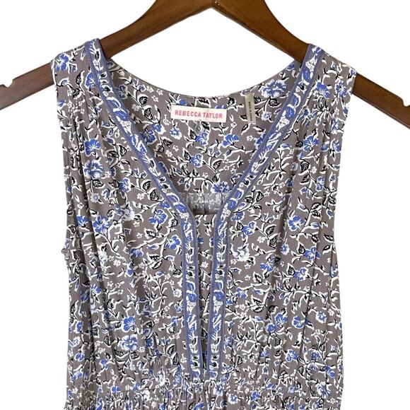 Rebecca Taylor Gray & Blue Micro Floral Print Sleeveless Fit & Flare Dress - Picture 3 of 8